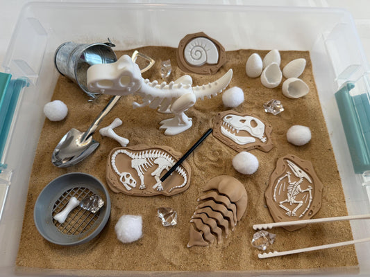 Dinosaur Fossil Dig Sensory Bin - Montessori Excavation Activity Kit for Kids | STEM Learning & Pretend Play | Flisat Filler | Busy Bin