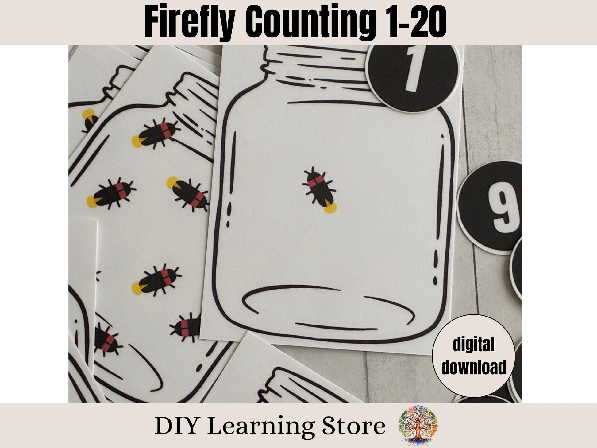Firefly Counting 1-20- Summer theme- Toddler Activities- Preschool Learning- Kindergarten Prep- Sensory Bin Educational Toy- Printable Game