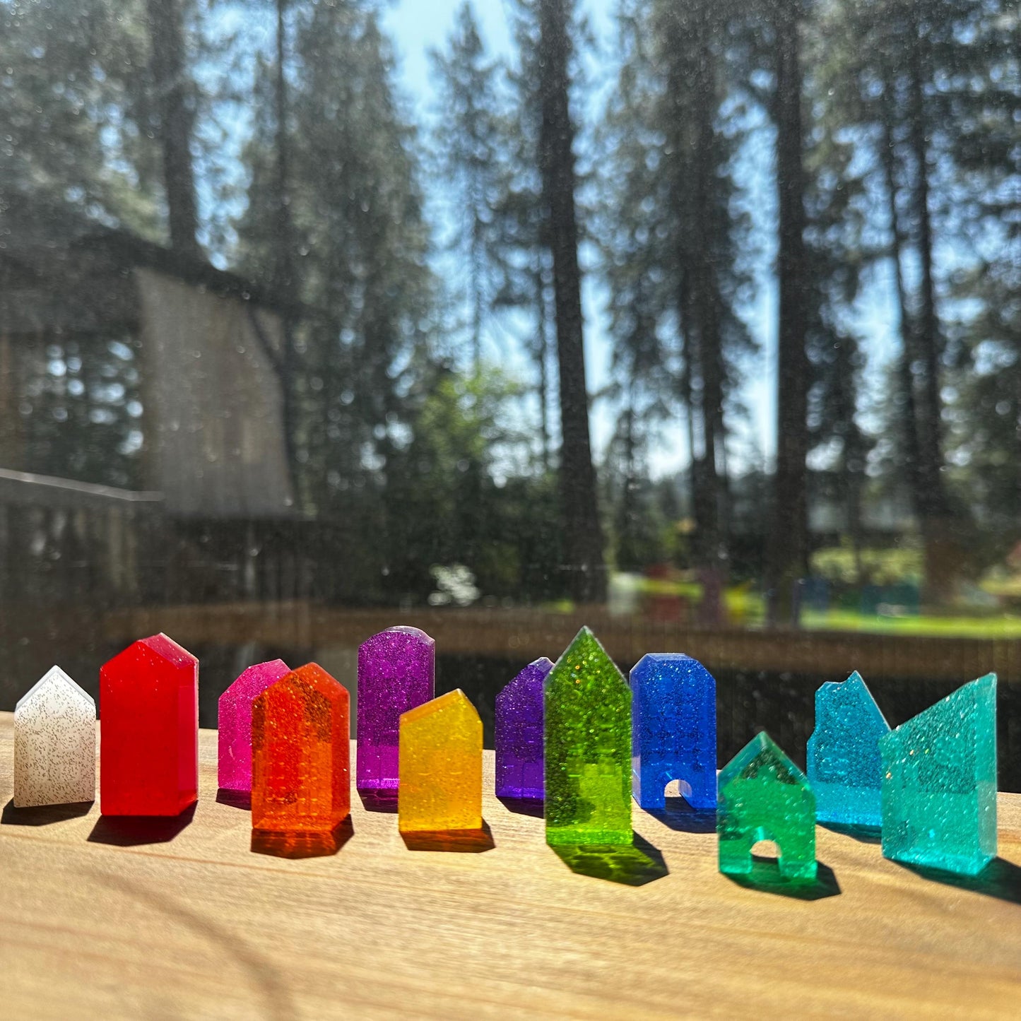 Rainbow Glitter Resin Houses: Montessori Sensory Bin Toys, Loose Parts