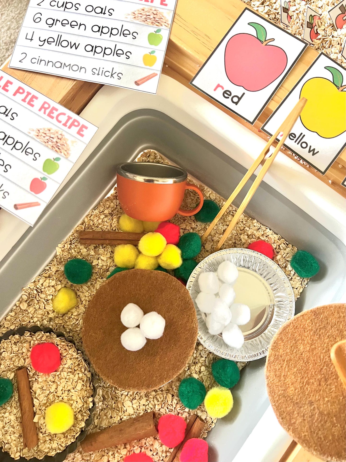 Apple Pie Sensory Kit for Kids – Fall Dramatic Play, Preschool Toddler Learning Toys, Montessori Activities, Recipe Cards & Alphabet Play