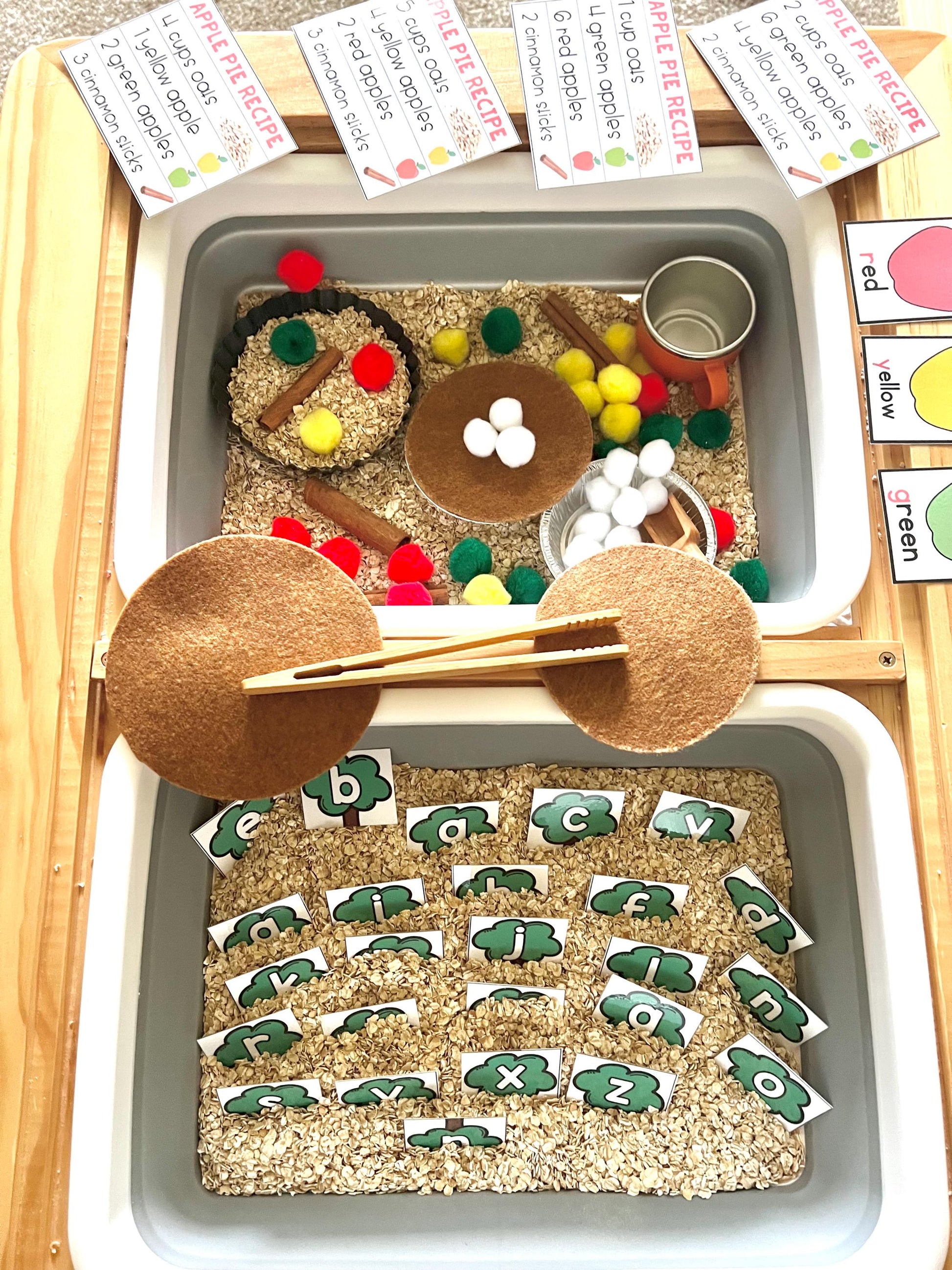 Apple Pie Sensory Kit for Kids – Fall Dramatic Play, Preschool Toddler Learning Toys, Montessori Activities, Recipe Cards & Alphabet Play
