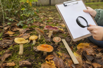 Child's hands holding a clipboard and magnifying glass next to wild mushrooms in autumn leaves