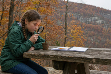 A girl in a green jacket at a wooden picnic table in an autumn forest, studying a small potted plant cutting through a magnifying glass, with an open notebook and pencil beside her