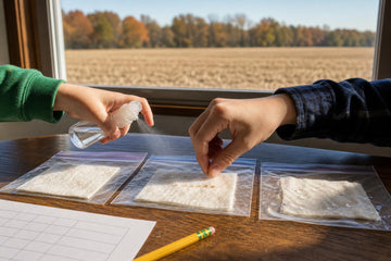 Two children's hands misting a paper towel and placing tomato seeds in clear bags on a kitchen table, a harvested Arkansas farm field visible through the window