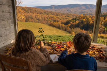 Two children on a West Virginia porch sorting colorful fall leaves and examining an apple twig, with Appalachian hills in autumn color behind them