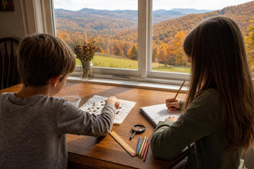 Two homeschooled siblings at a farmhouse kitchen table setting up a sunflower seed experiment, with autumn hills outside the window