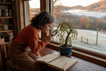 A girl with curly dark hair in an orange sweater looks through a magnifying glass at a small potted tree on a windowsill, with frosty grass, autumn trees and a misty valley outside