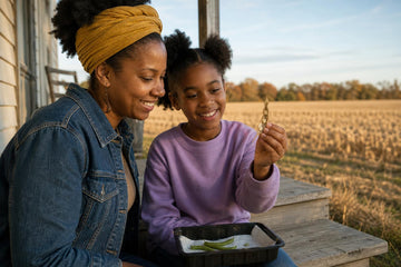 A mother in a mustard headwrap and denim jacket and her daughter in a lavender sweatshirt sit on a wooden porch looking at a dried seed pod the girl holds, with a tray of green beans in front of them and a field and trees behind