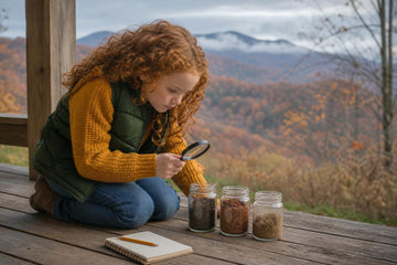 A girl in a mustard sweater and green vest kneels on a wooden porch, studying three jars of different backyard soils through a magnifying glass, with autumn-colored West Virginia mountains behind her