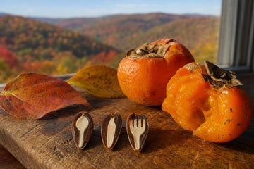 Close-up of three split persimmon seeds lined up on a wooden board beside ripe orange persimmons and autumn leaves, with blurred fall mountains through a window