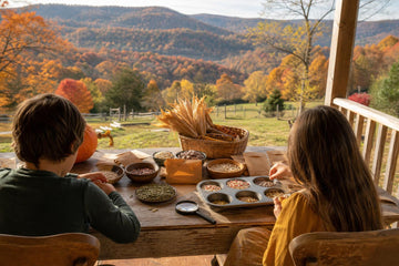 Children on a West Virginia porch sorting heirloom seeds with Appalachian fall hills in the background