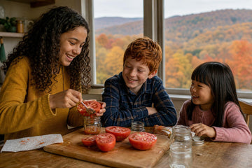 Three children of different ages at a wooden kitchen table, the oldest in a yellow sweater spooning tomato seeds into a glass jar, with autumn foliage visible through the window