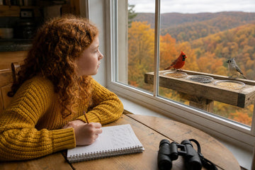 A girl with curly red hair in a mustard-yellow sweater writes in a notebook at a wooden table while watching a cardinal and a titmouse at a three-dish feeder outside the window, with autumn hills beyond