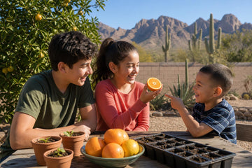 Three laughing kids at an outdoor wooden table in Arizona, one holding up a halved orange while the youngest points at it, with seedling pots, a bowl of oranges, saguaros and desert mountains around them