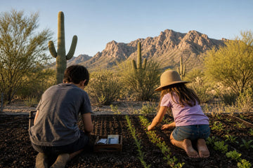 Children sowing seeds in a backyard vegetable bed with saguaro cacti and Arizona desert mountains behind them