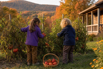 Two children picking the last ripe tomatoes in a backyard garden with autumn-colored Appalachian hills behind them