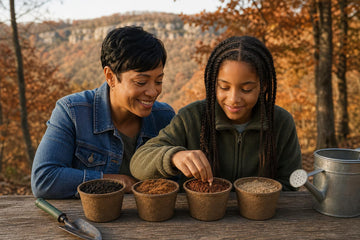 A smiling mother and her daughter, both in jackets, plant seeds in four small pots of different soils at an outdoor wooden table, with a trowel, a watering can and autumn woods behind them