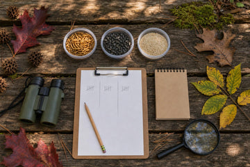 Overhead view of a wooden table with three clear dishes of mealworms, sunflower seeds and small grains, plus binoculars, a clipboard with tally marks, a notebook, a magnifying glass, autumn leaves and sweetgum seed pods