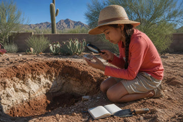 A girl in a straw hat, red long-sleeve shirt and shorts kneels in a desert yard examining a rock through a magnifying glass, with a notebook and trowel beside her and cacti and mountains behind