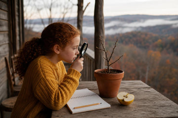 A girl in a yellow sweater on a porch studies a potted apple twig cutting through a magnifying glass, with a notebook and a halved apple on the table and a forested West Virginia valley behind her