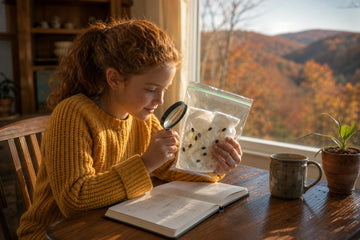 A red-haired girl in a yellow sweater uses a magnifying glass to study sprouting seeds in a plastic bag at a wooden kitchen table, with an open notebook nearby and autumn trees outside the window