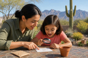 A mother in a green shirt and her young daughter in a pink shirt examine seeds on a card with a magnifying glass at a mosaic patio table, with a saguaro cactus and desert mountains behind them