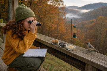 A girl in a green beanie and mustard sweater watches birds through binoculars on a porch, with bowls of seed and a small bird on the rail and an autumn West Virginia hillside behind her