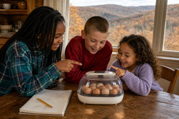 Three smiling children gather around a tabletop egg incubator full of eggs, pointing at it, with a sketch notebook on the wooden table and forested autumn hills through the window