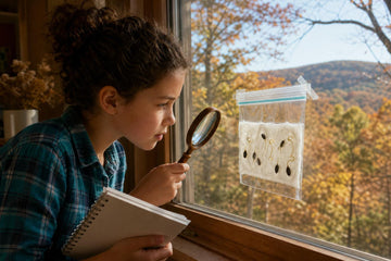 A girl with curly hair in a plaid shirt holds a magnifying glass and notebook while studying sprouting seeds in a plastic bag taped to a window, with autumn trees and a distant ridge outside
