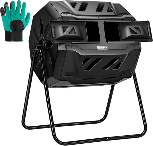 Outdoor Tumbling Composter Dual Rotating Batch Compost Bin, 43 Gallon Black Door