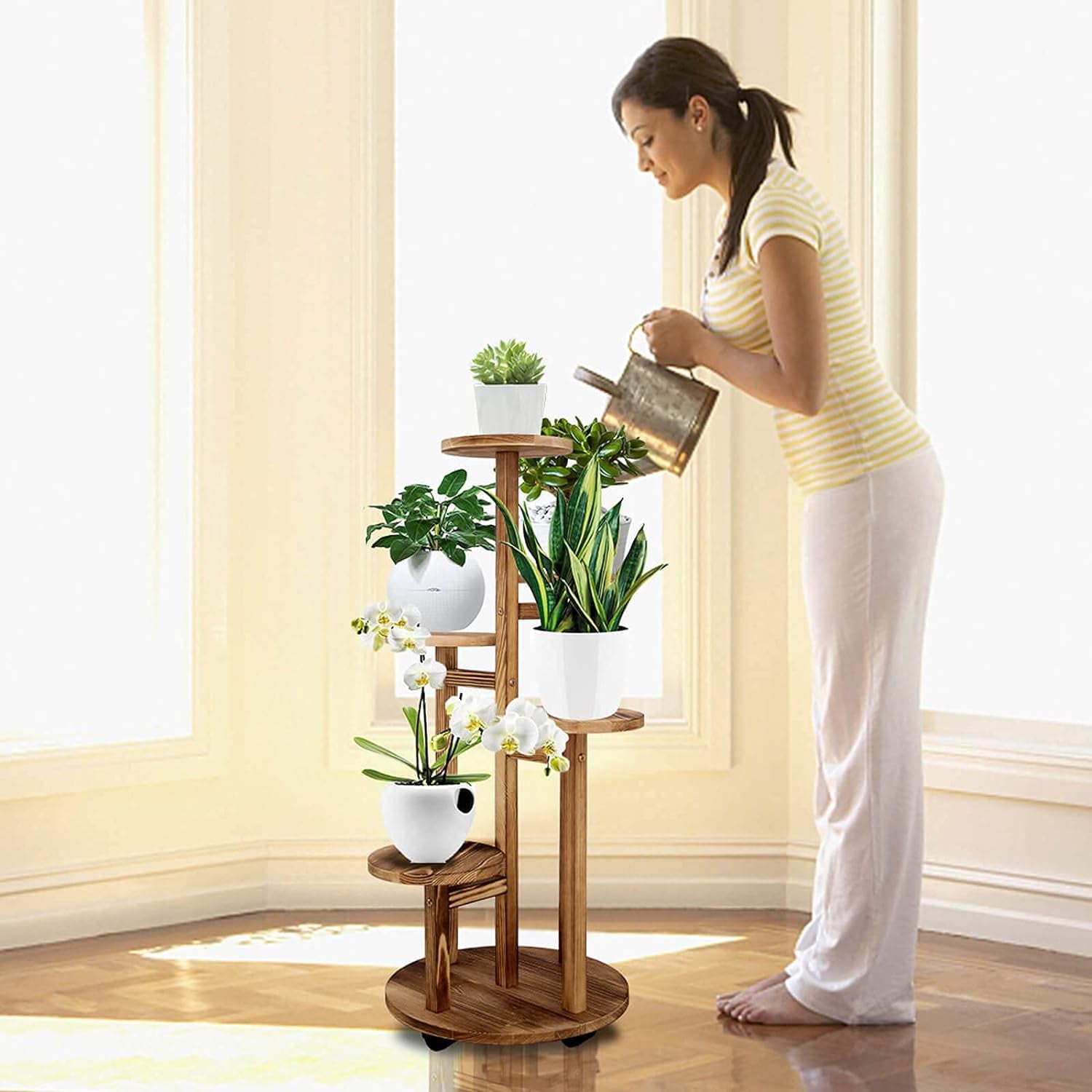 5 Tiered Tall Plant Stand for Indoor, Wood Plant Shelf Corner Display Rack, Multi-Tier Planter Pot Holder Flower Stand for Living Room Balcony Garden Patio (Walnut)