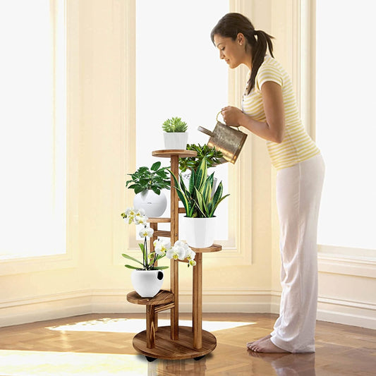 5 Tiered Tall Plant Stand for Indoor, Wood Plant Shelf Corner Display Rack, Multi-Tier Planter Pot Holder Flower Stand for Living Room Balcony Garden Patio (Walnut)