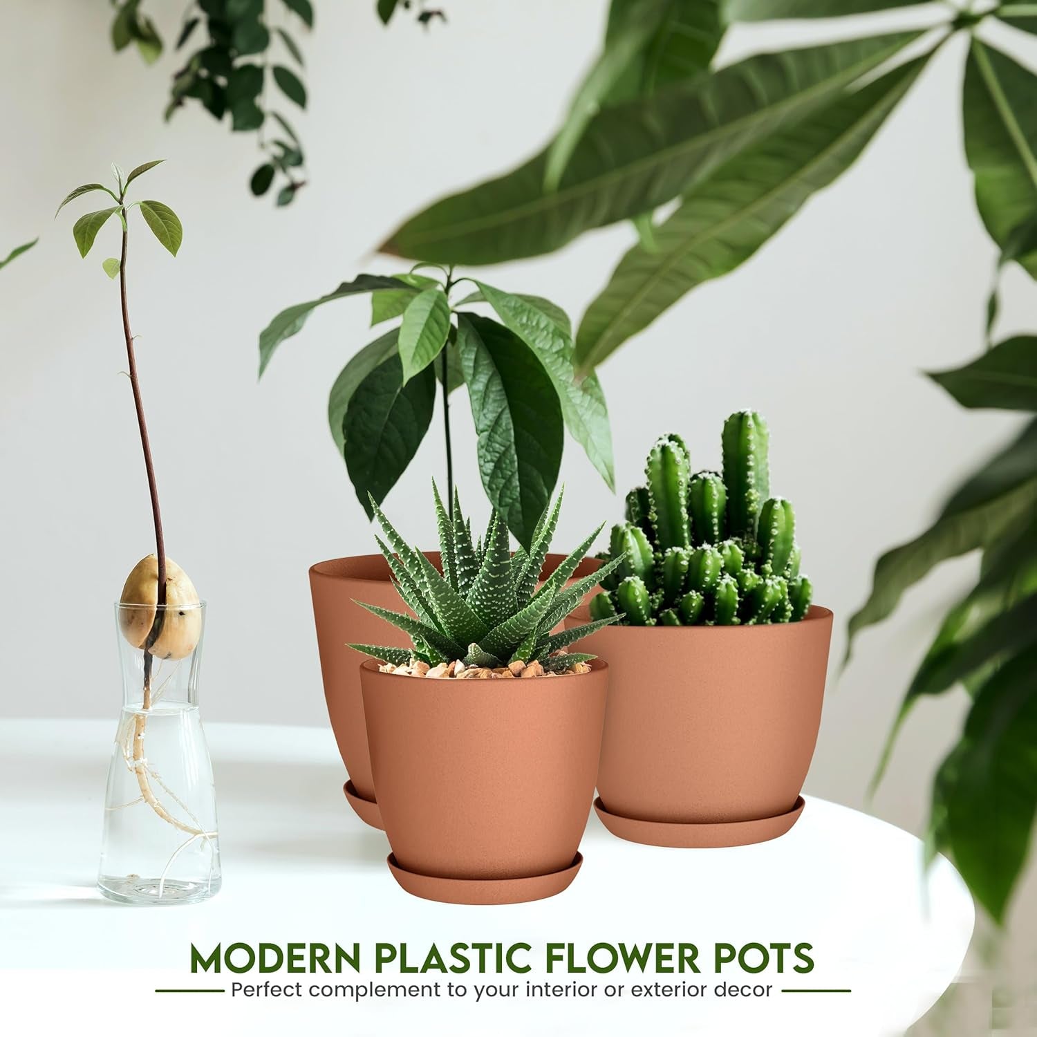 - Plastic Terracotta Pots with Drainage - 7/6.6/6/5.3/4.8 Inches Flower Pots for Indoor Planter - Pack of 5 Plastic Planters, Cactus, Succulents Pot