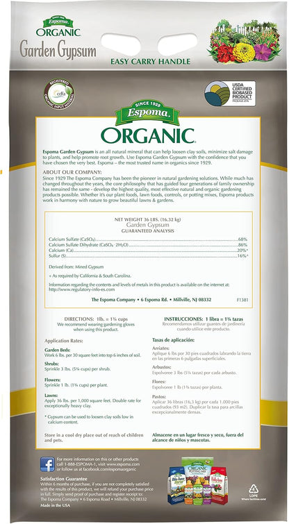 Organic Garden Gypsum Soil Conditioner; All-Natural & pelletized mined Gypsum with no fillers or additives. Helps Loosen Clay Soil; 36 lb. Bag Pack of one