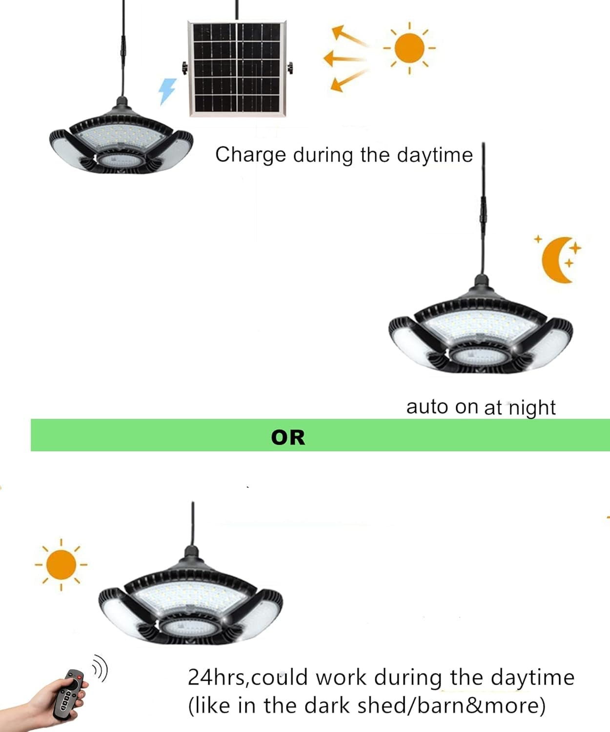 Solar Shed Light-Daytime or Night,4+1 Leaves 136Leds Brighter Solar Light Indoor&Outdoor with Remote,IP65 Barn/Chicken Coop/Workshop/Ceiling/Pendant Lamp for Patio,Garden,Yard,Gazebo