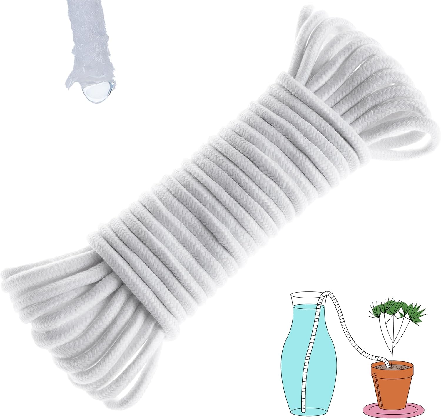 50ft 1/4 inch Plants Self Watering Capillary Wick Rope Cord DIY Vacation Potted Flower Sitter Hydroponic Wicking Planter Pot Garden Seeds Starting Seedling Automatic Waterer System Device Line