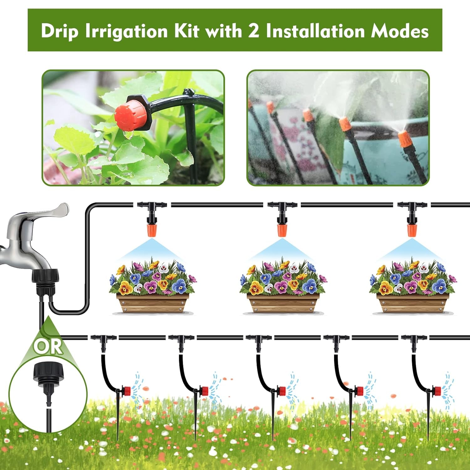 Drip Irrigation Kit, 50ft Irrigation System for Garden with 1/4" Irrigation Tubing DIY Saving Water Automatic Watering System for Garden, Greenhouse, Flower Bed, Patio, Lawn