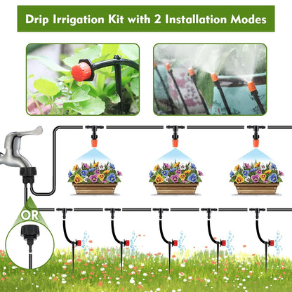 Drip Irrigation Kit, 50ft Irrigation System for Garden with 1/4" Irrigation Tubing DIY Saving Water Automatic Watering System for Garden, Greenhouse, Flower Bed, Patio, Lawn