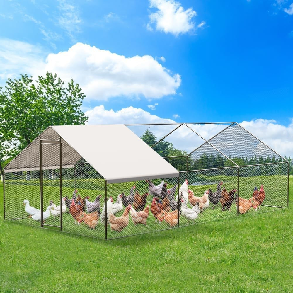 Metal Chicken Coop 6.5/13/20 FT Large Walk-in Hen Cage House with Cover Roof NEW