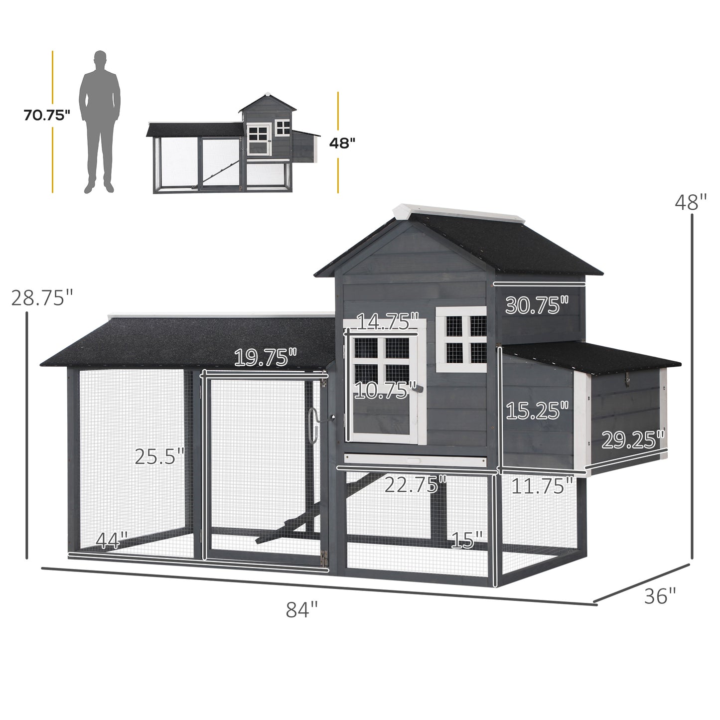 PawHut 84'' Chicken Coop Deluxe Wooden House Hen Backyard Poultry Hutch Run Box