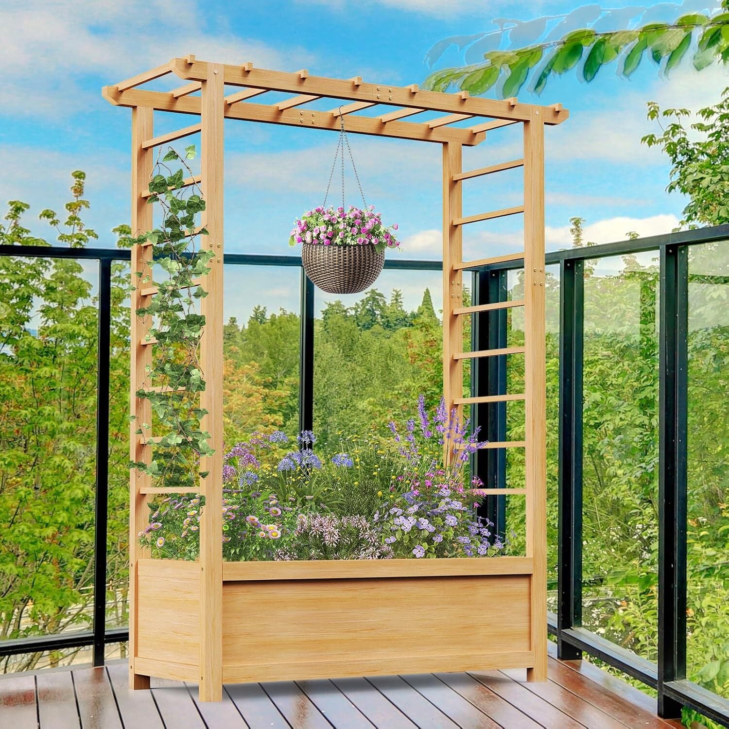 SLSY Raised Garden Bed with Trellis Wood Planter Box w/Hanging Roof Side Trellis