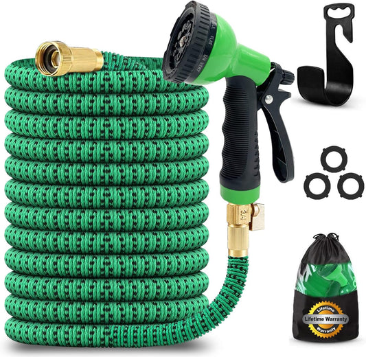 XpandaHose 75ft Expandable Garden Hose with Holder - Heavy Duty Superior Strength 3750D - 4 -Layer Latex Core - Extra Strong Brass Connectors and 10 Spray Nozzle w/Storage Bag (Green 75)