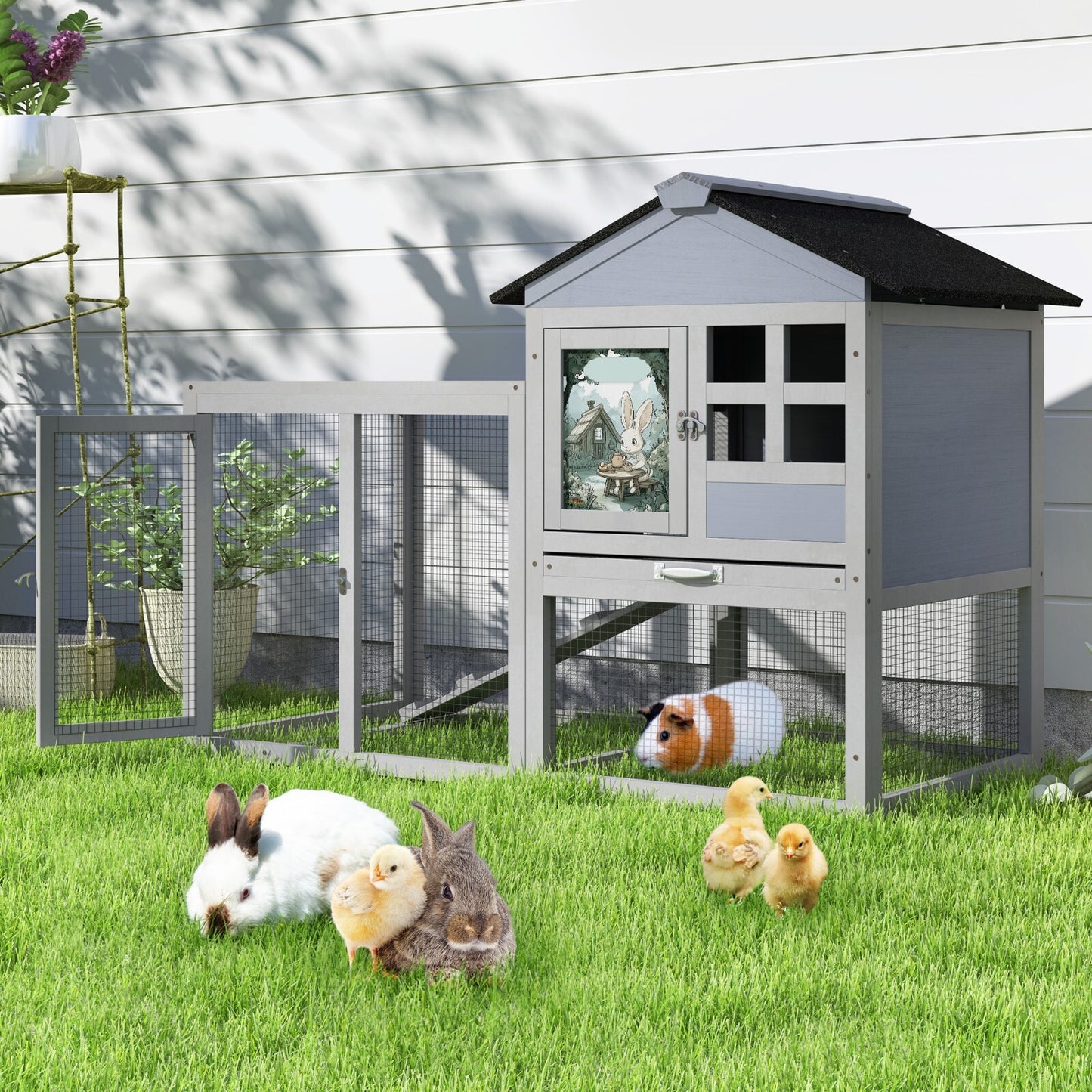 48"L Wooden Rabbit Hutch Large Chicken Coop W/ Removable Tray&Roof In/Outdoor