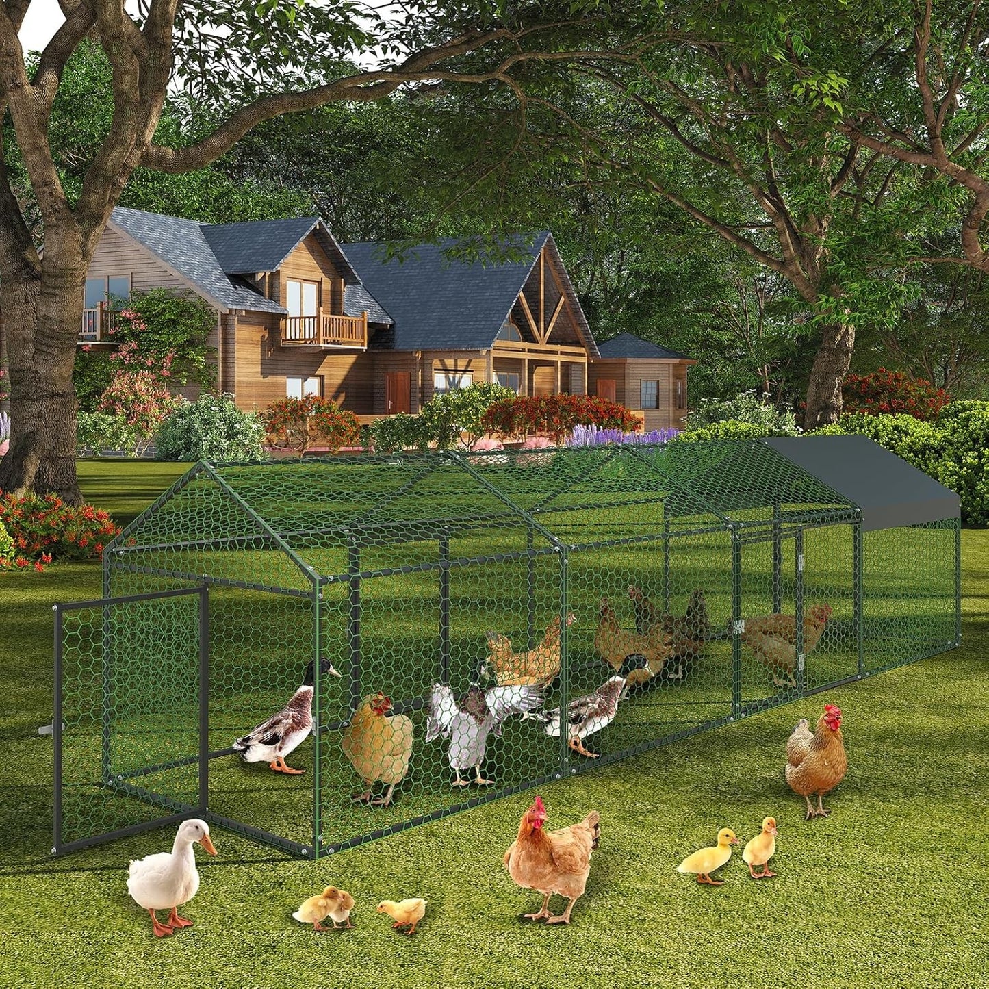 Metal Chicken Coop Walk In Chicken Run Outdoor Hen House Habitat Cage W/ Cover