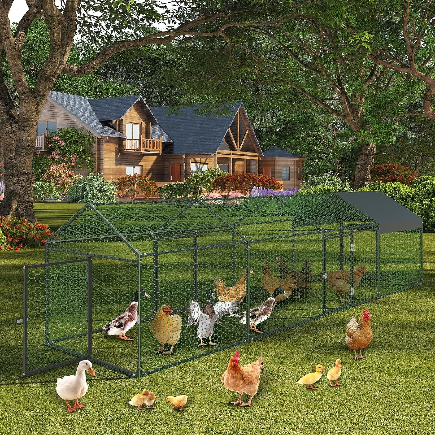Metal Chicken Coop Walk In Chicken Run Outdoor Hen House Habitat Cage W/ Cover