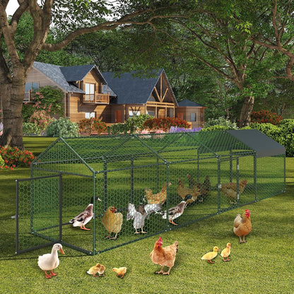 Metal Chicken Coop Walk In Chicken Run Outdoor Hen House Habitat Cage W/ Cover