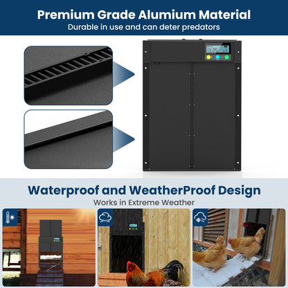 Solar Automatic Chicken Coop Door,  Chicken Coop Door Opener with LCD Screen, Light Sensor/ Timer/ Remote Control Auto chicken Doors, Anti Pinch Waterproof Coop Door, Ideal for Chicken Breeding