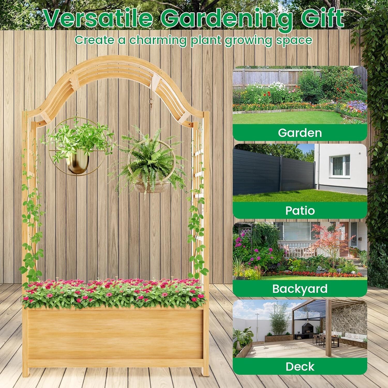 SLSY Raised Garden Bed with Trellis Wood Planter Box w/Hanging Roof Side Trellis