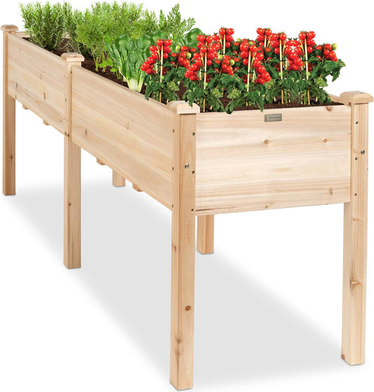72x24x30in Raised Garden Bed, Elevated Wood Planter Box Stand for Backyard, Patio, Balcony w/Divider Panel, 6 Legs, 300lb Capacity - Natural