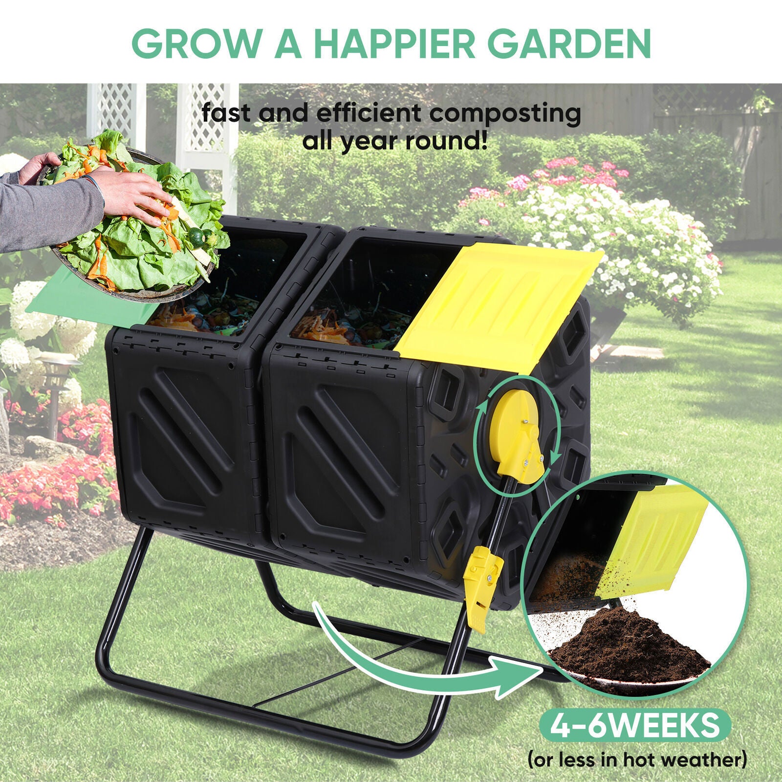 Compost Tumbler Bin 37Gal Outdoor Composter Fast Create Fertile 360°Dual Chamber
